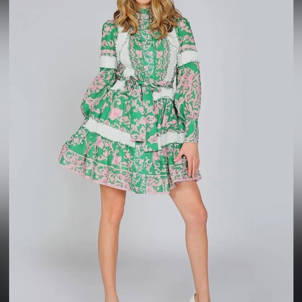 Beulah Style Women's Frilly Layered Green & Pink Dress Size Large